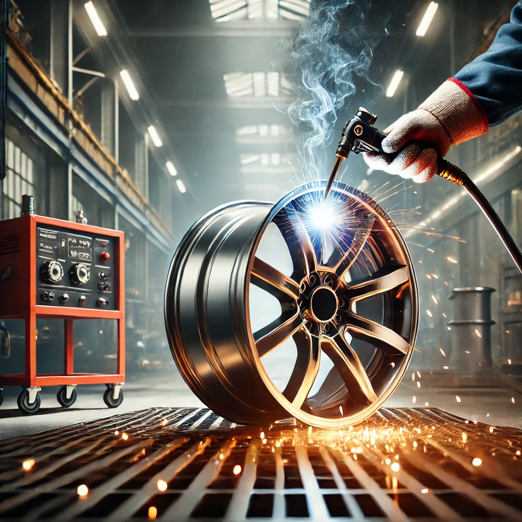 DALL·E 2024-11-11 14.51.44 - An industrial, high-quality image showing Argon welding on an aluminum car rim in a professional workshop with a color scheme of red, white, gold, and