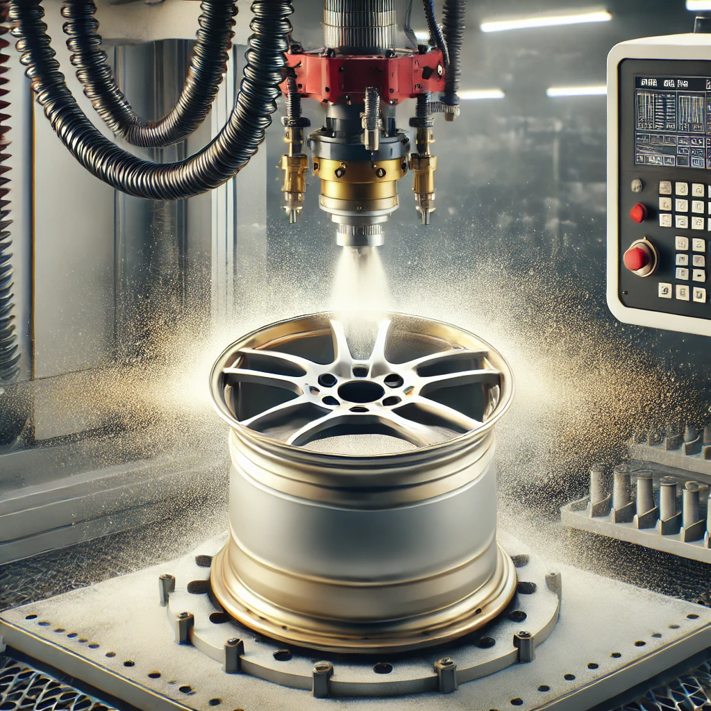 DALL·E 2024-11-11 14.52.38 - A high-quality image of CNC sandblasting on a car rim in a professional workshop with a color palette of red, white, gold, and black accents. The scen