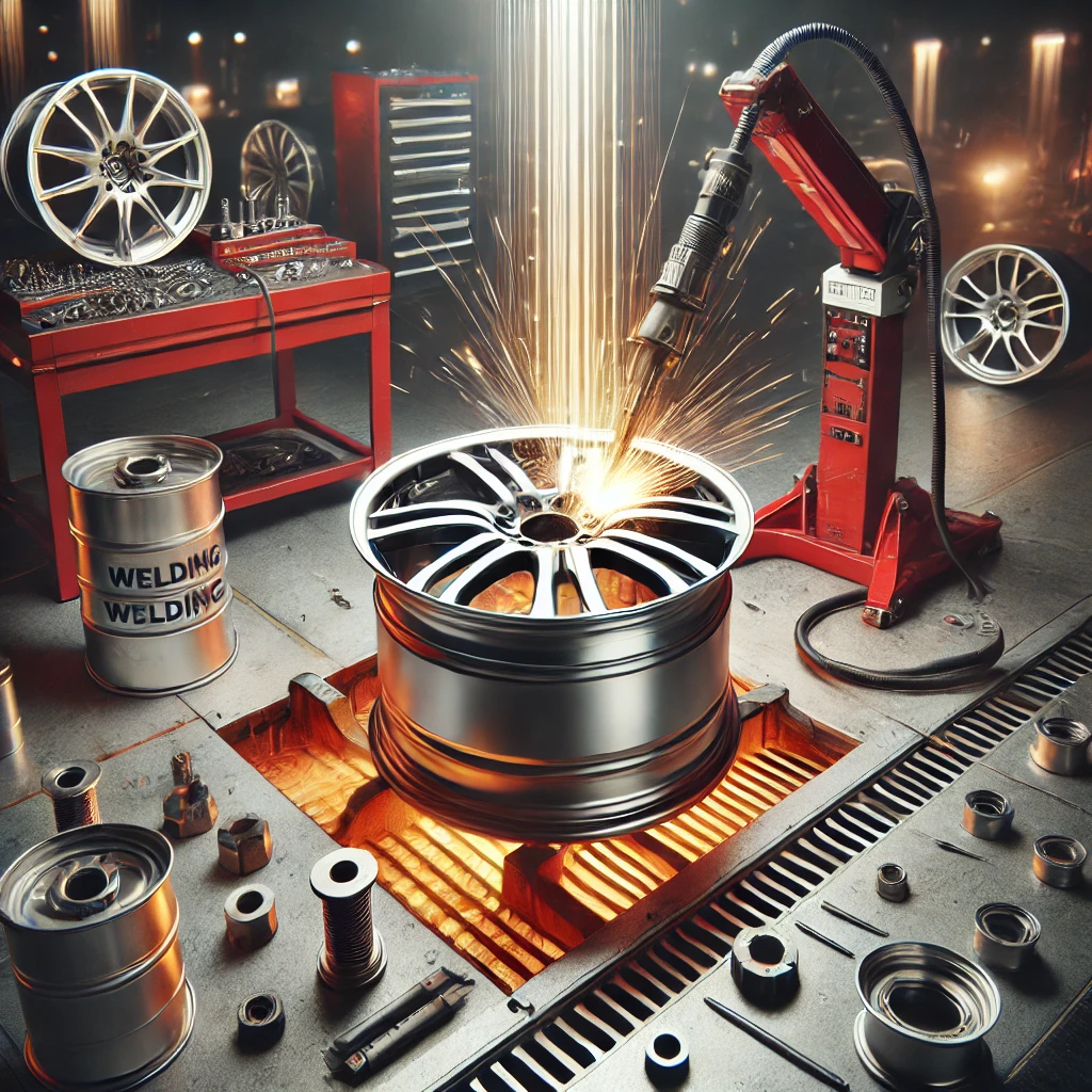 DALL·E 2024-11-11 14.53.48 - A high-quality image depicting cold welding and aluminum reconstruction of a car rim in a professional workshop with a color palette of red, white, go