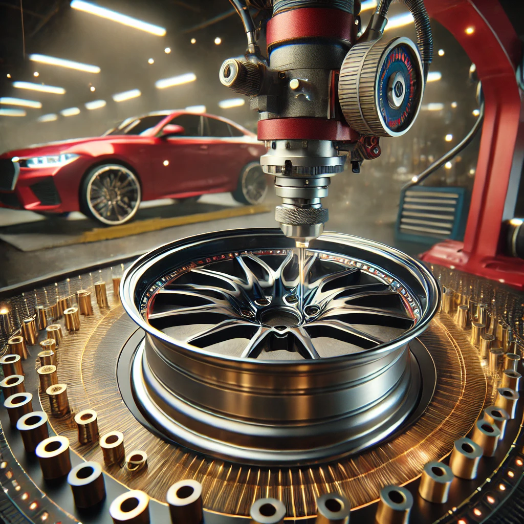 DALL·E 2024-11-11 14.54.59 - A high-quality image showing the diamond-cutting process on a car rim in a professional workshop with a color scheme of red, white, gold, and black ac