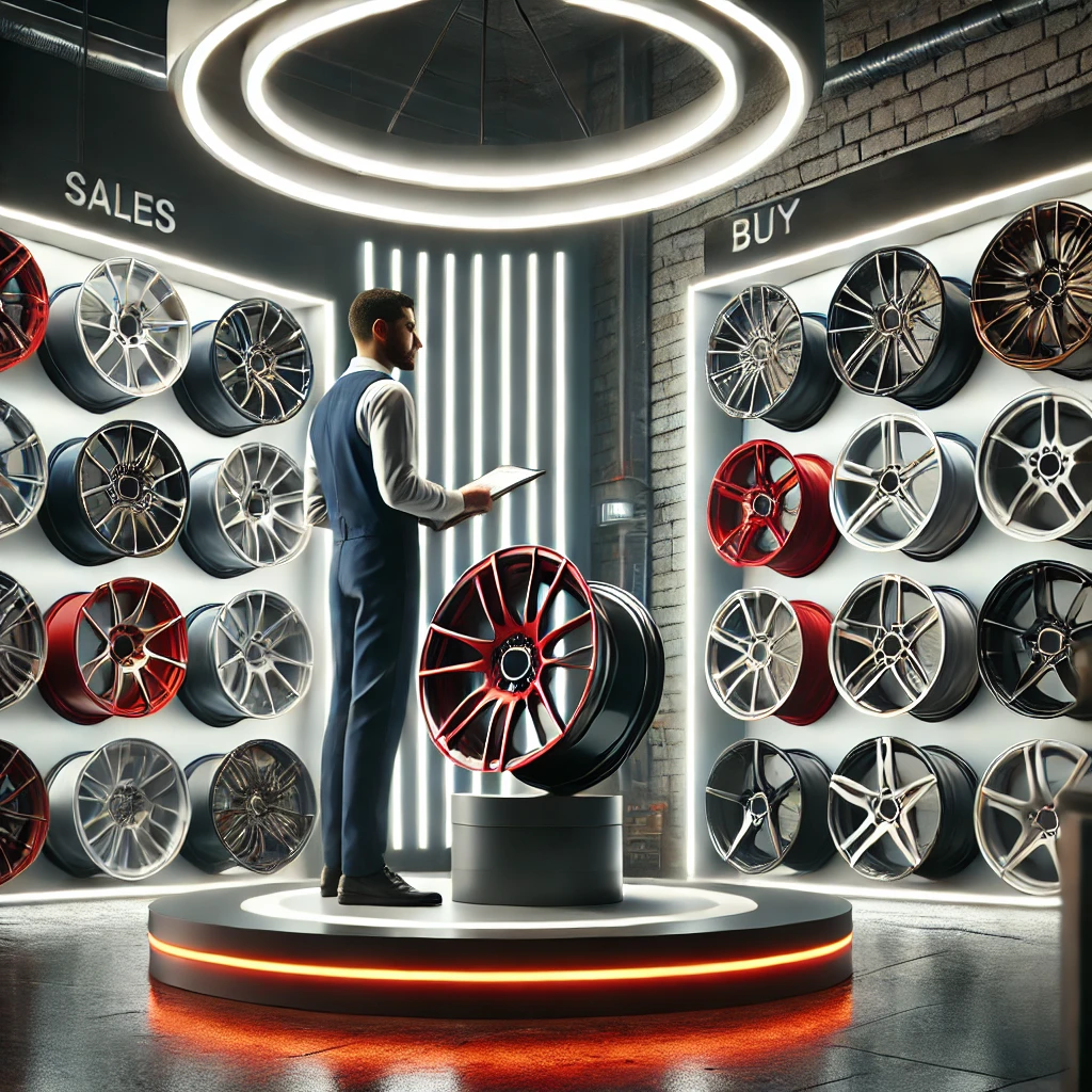 DALL·E 2024-11-11 14.56.02 - A high-quality image of a luxury car rim showcase in a professional workshop, representing rim sales and buy-back services with a color scheme of red,